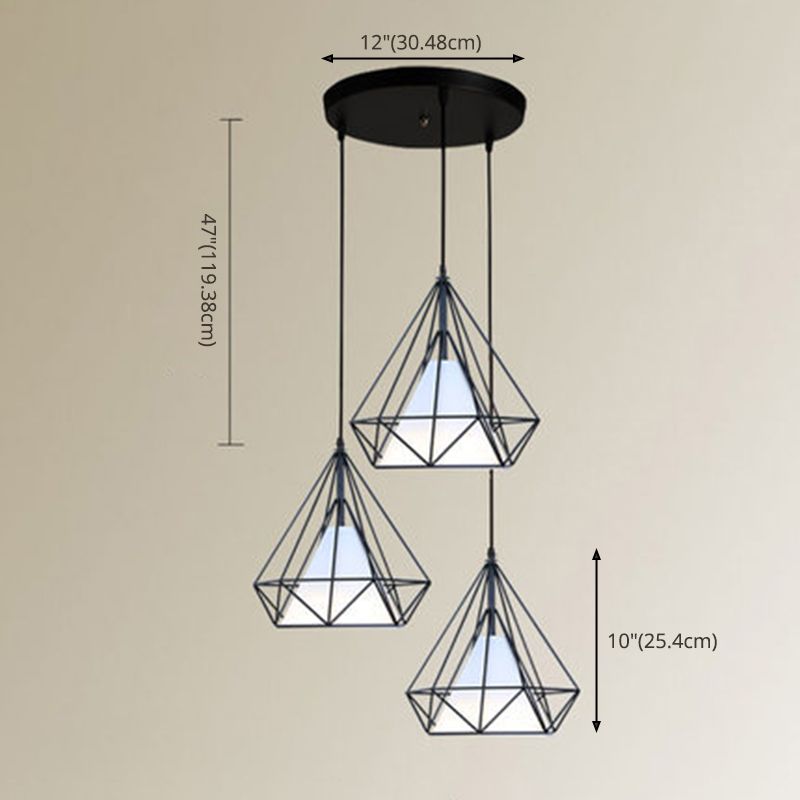 3 Lights Diamond Cage Hanging Pendant Lights Industrial Style Metal Pendant Ceiling Lights