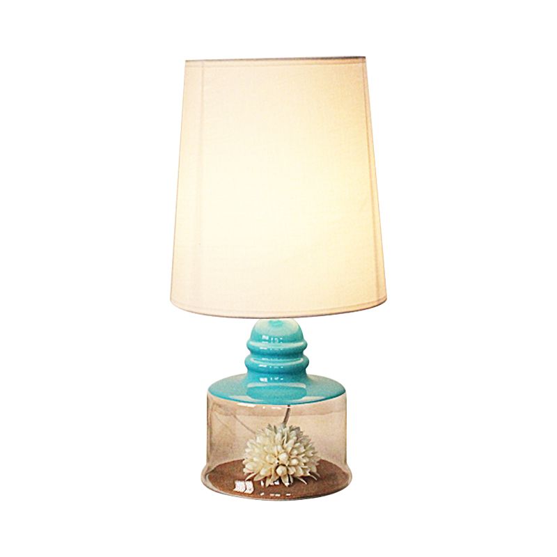 Barrel Restaurant Table Lighting Pastoral Fabric 1-Head Clear/Blue/Black Desk Light with Dried Flower and Glass Base