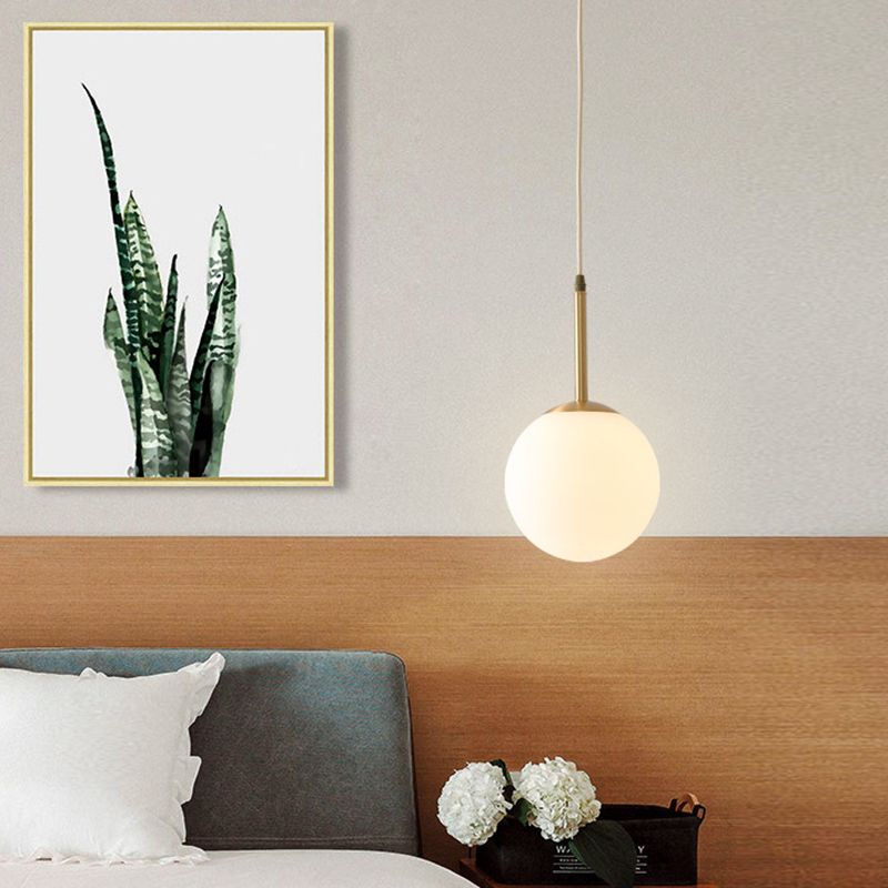 Brass 1-Light Pendant Light Mid-Century Modern Spherical White Glass Hanging Lamp