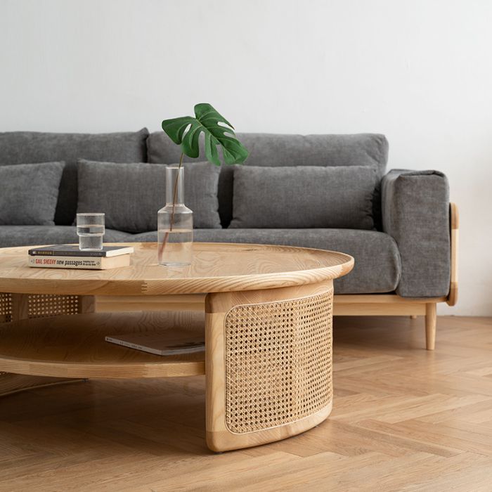 Wood Round 1 Single Coffee Table Nordic 2 - Tier Cocktail Table with Rattan Accent