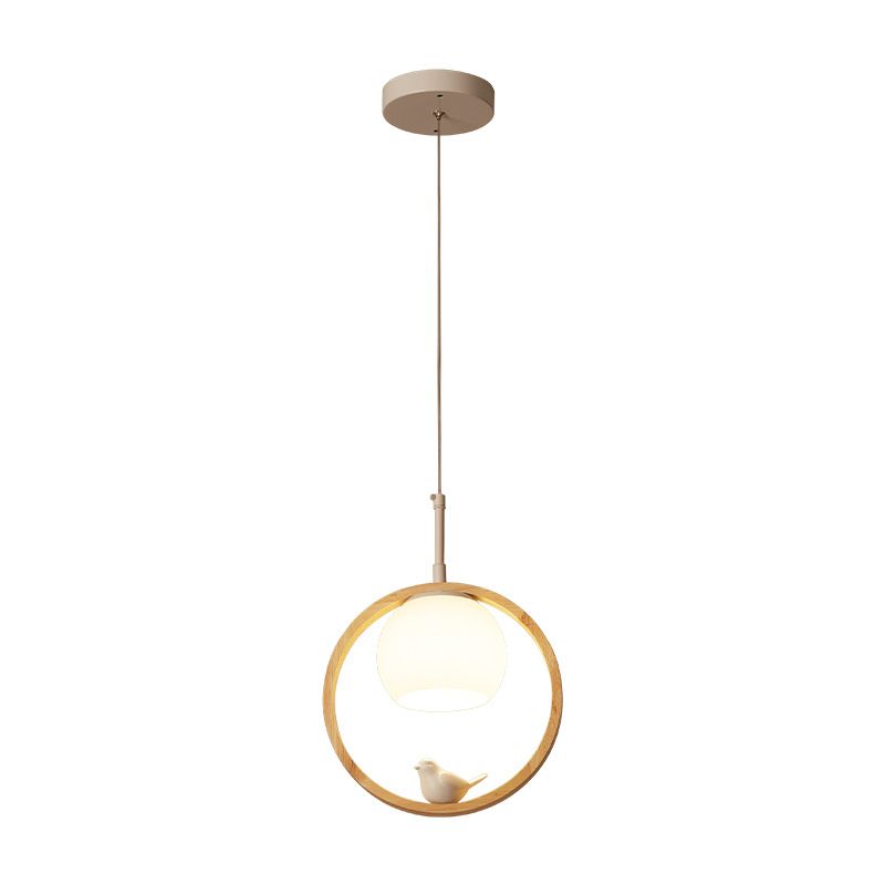 1 pendentif léger léger contemporain rond en bois naturel de chambre à coucher lampe suspendue avec petit oiseau