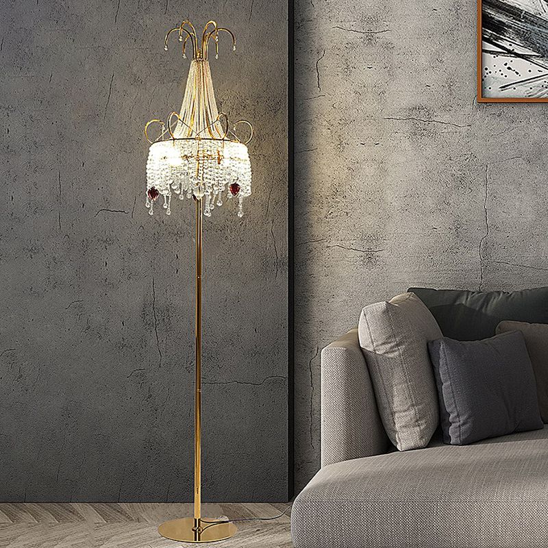 Tassel Living Room Floor Lamp Crystal 2 Bulbs Postmodern Style Standing Light with Scroll Decor in Gold