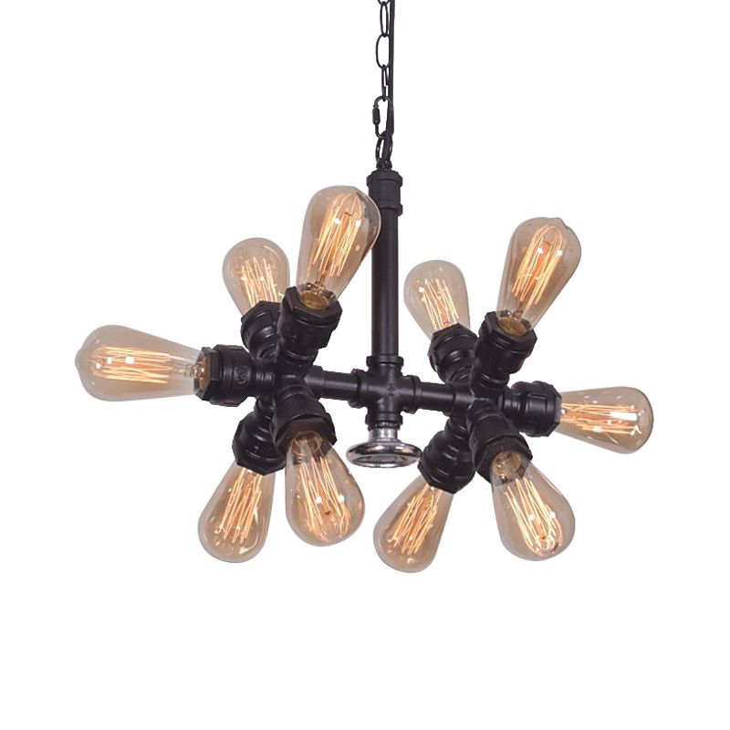 Exposed Bulb Chandelier Light Farmhouse Style Metal 10 Heads Black Pendant Lamp with Sputnik Design