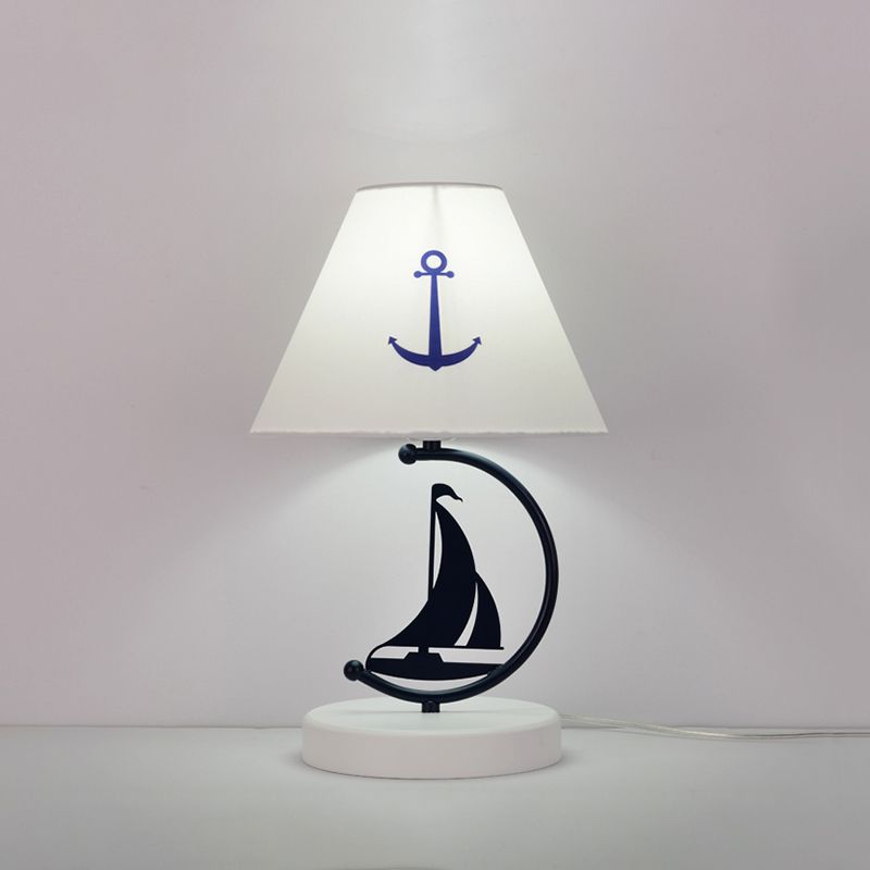 Empire Shade Fabric Table Lamp Kids Single-Bulb White Nightstand Lighting with Sailing Boat Decor