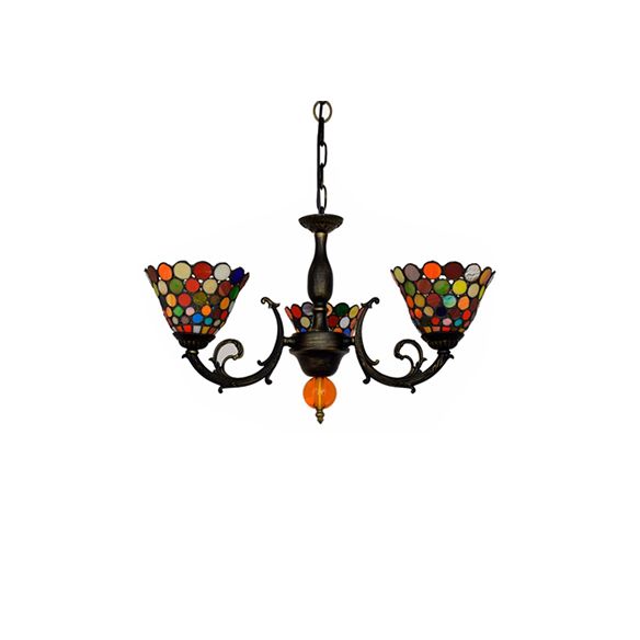 Colorful Bell Suspension Light Vintage Stained Glass 3 Lights Inverted Chandelier for Dining Room