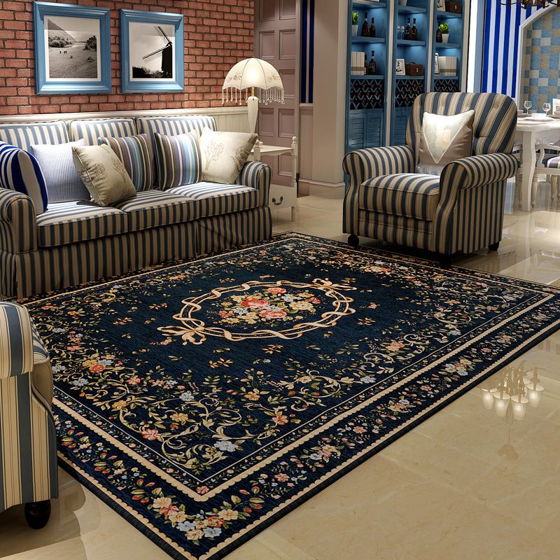 Dark Blue Retro Rug Cotton Blend Floral Printed Indoor Rug Anti-Slip Backing Stain-Resistant Easy Care Area Carpet for Parlor
