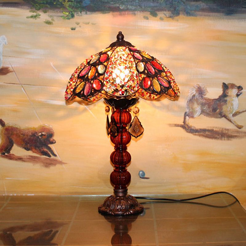 Flower Stained Glass Night Stand Lamp Bohemia 1-Bulb Living Room Table Light with Baluster Base in Bronze