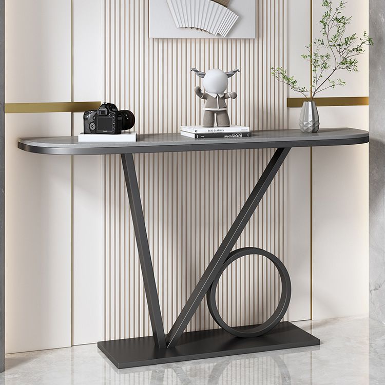 Contemporary Stone Console Accent Table Half Moon Iron End Table for Hall