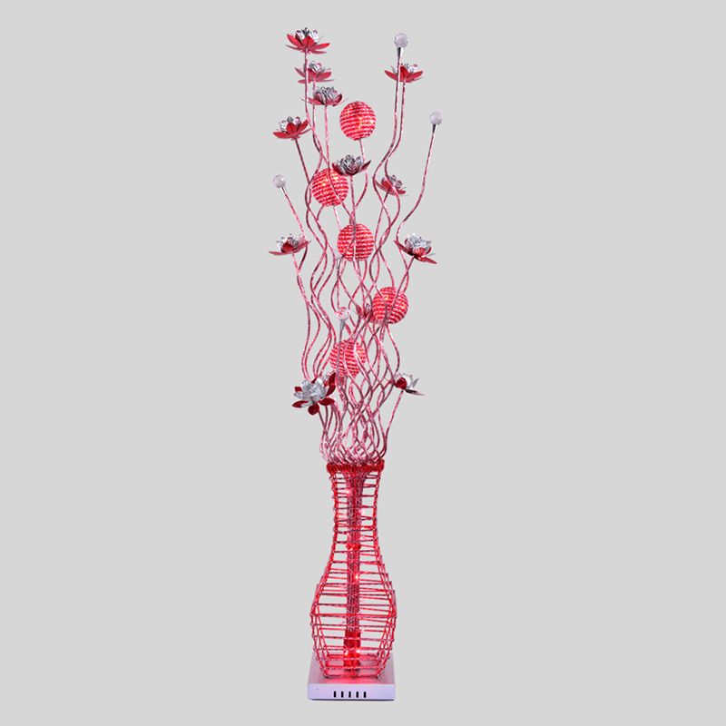 Aluminum Tree Branch Stand Up Light Decorative Bedside LED Bloom Floor Lamp with Vase Pedestal in Black and Silver/Red