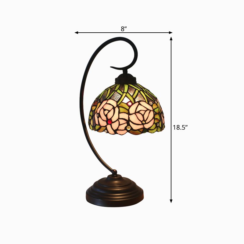 Dome Shape Cut Glass Table Lamp Tiffany 1-Bulb Black/White Finish Rose Patterned Night Lighting