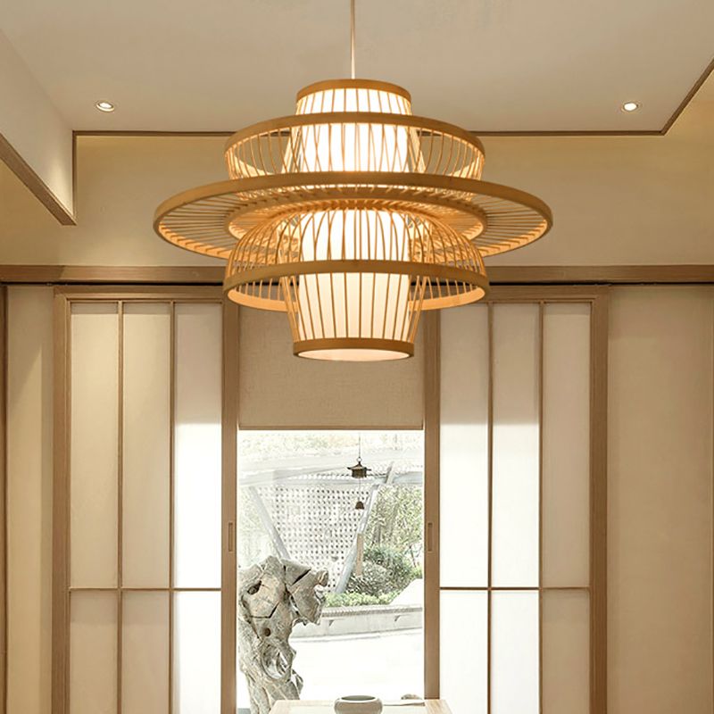 Asian Pendant Lighting Fixture 1-Light Beige Suspension Pendant Light with Rattan Shade