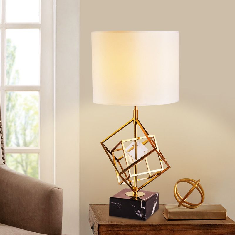 Interlocked Cube Table Lamp Postmodern Metal 1 Light Brass and Black Night Light with Cylinder Fabric Shade