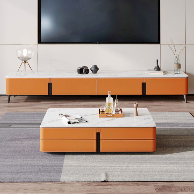 16.5" Bright Orange Leather TV Stand Console with 4 Storage , Nordic Stone TV Stand