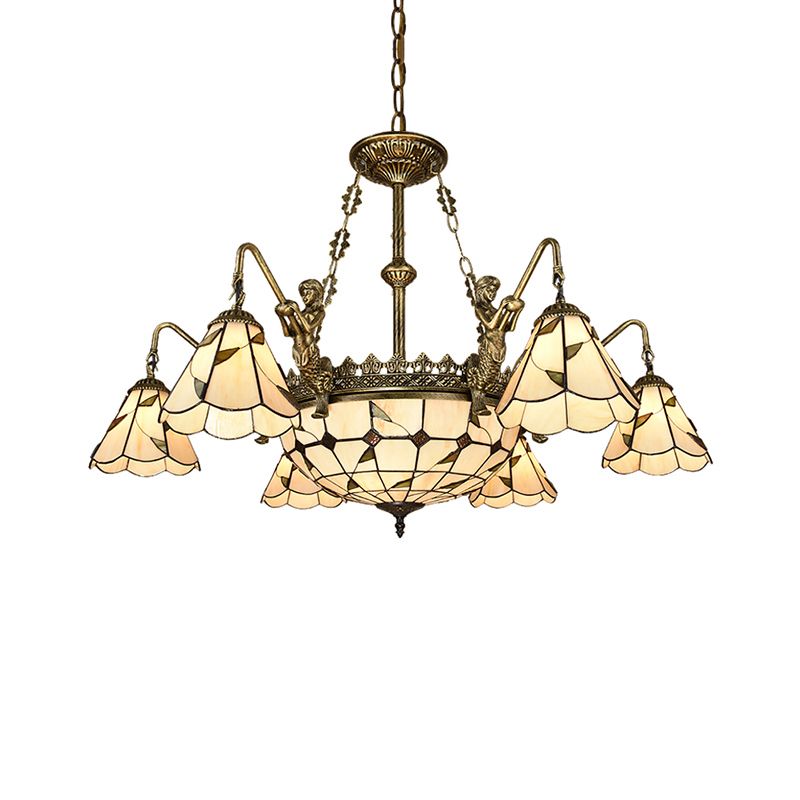 Bell Shade Chandelier Light Classic Hand Cut Glass Beige Pendant Light Fixture with Scalloped Edge