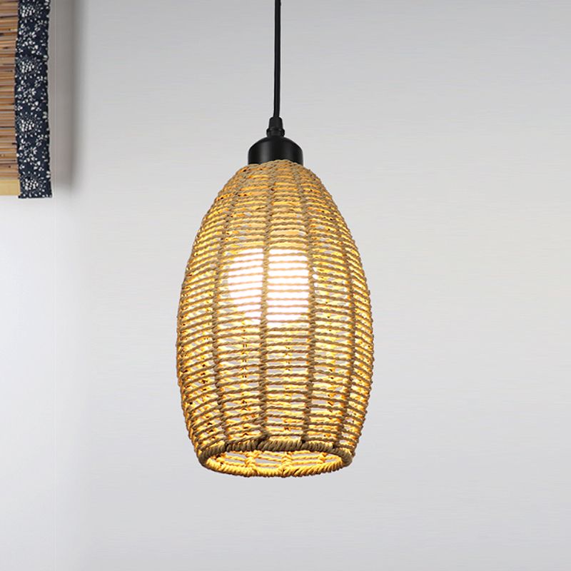 1/3-Light Restaurant Hanging Pendant Light with Oval Rattan Shade Asian Style Beige Ceiling Lamp, Round/Linear Canopy