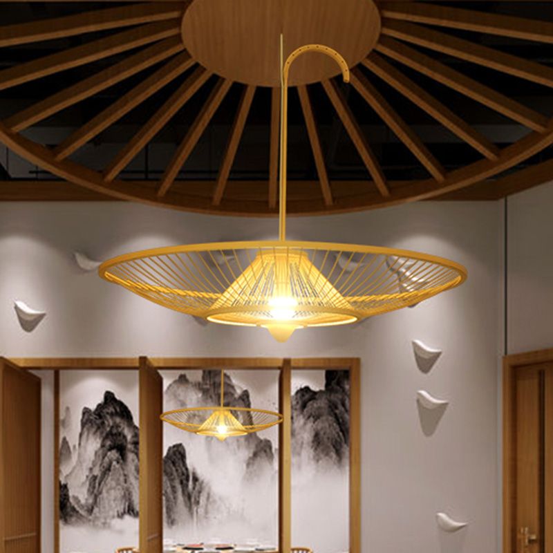 Bamboo Umbrella Down Lighting Pendant Asian Style Single Bulb Beige Suspension Lamp for Restaurant