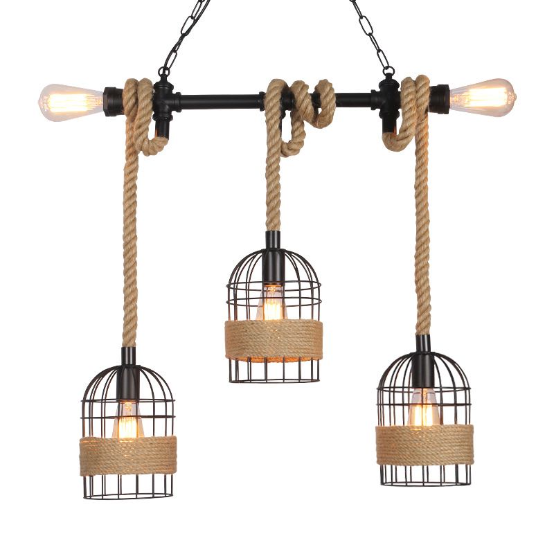 3/5 Bulbs Pendant Lighting with Birdcage and Natural Rope Loft Industrial Restaurant Ceiling Hanging Light in Black