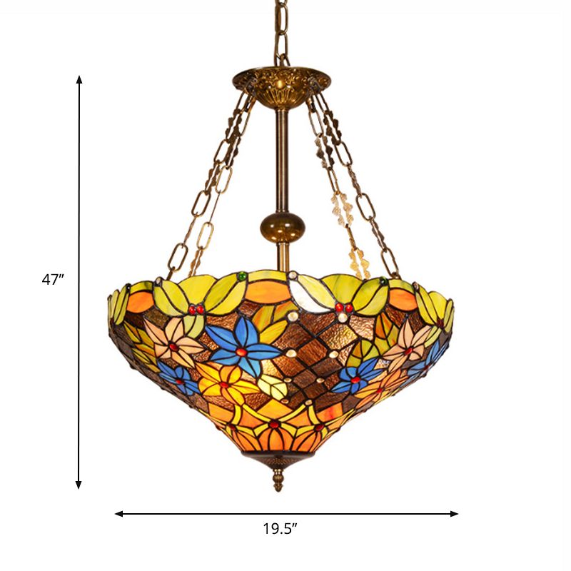 Floral Hanging Light Fixture 3 Bulbs Stained Glass Tiffany Lodge Ceiling Chandelier Light in Antique Brass Finish