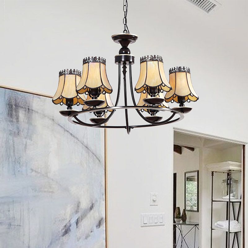 Vintage Style Ring Pendant Light with Tapered Shade Glass 6 Lights Yellow Chandelier for Hotel