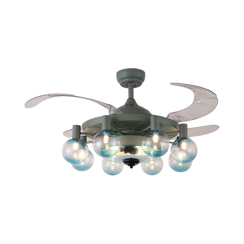 42" W 8-Light Fan Lamp Simplicity Bedroom 4 Blades Semi Flush Light Fixture with Globe Clear Glass Shade in Dark Green, Remote Control/Remote and Wall Control/Frequency Conversion and Remote Control