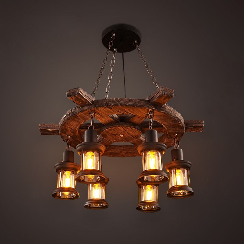 Nautical Style Solid Wood Chandelier Kerosene Lamp Styling Retro Hanging Light with 19.6" Adjustable Suspension Chain