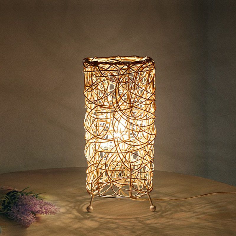 Modern Style Cylindrical Table Light Rattan Single-Bulb Living Room Nightstand Lighting