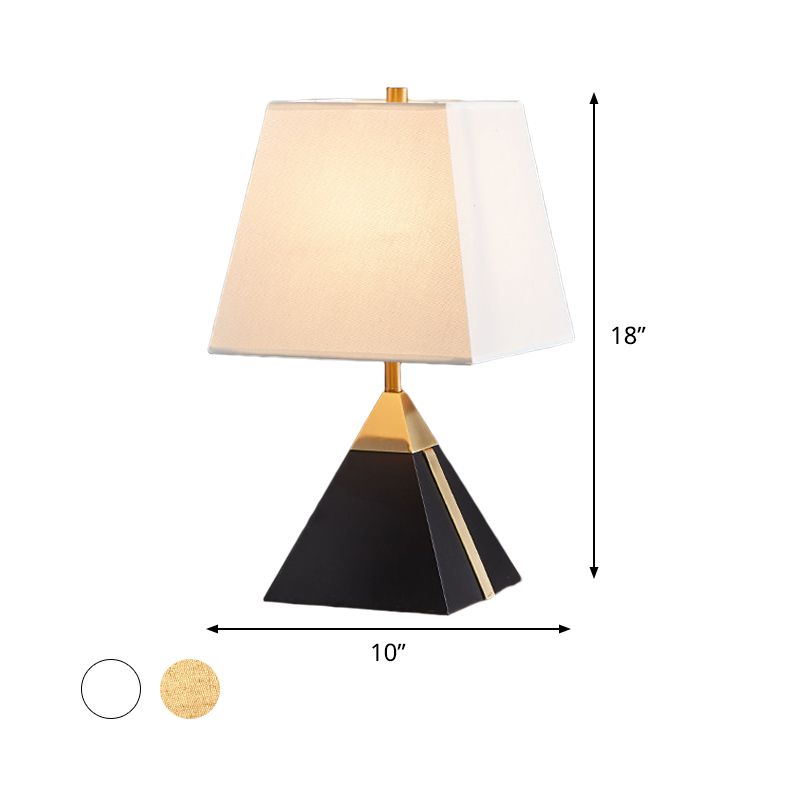 Modern Trapezoid Night Table Light Fabric 1 Light Bedroom Night Lamp in White/Flaxen with Black Pyramid Base