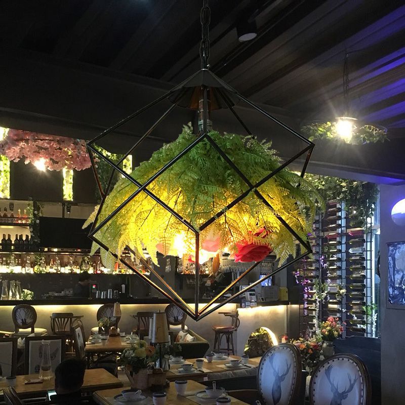 18 "/21,5" brede 1 kop metalen hanger lamp Antiek zwart geometrisch restaurant Led naar beneden verlichting met plantendecoratie