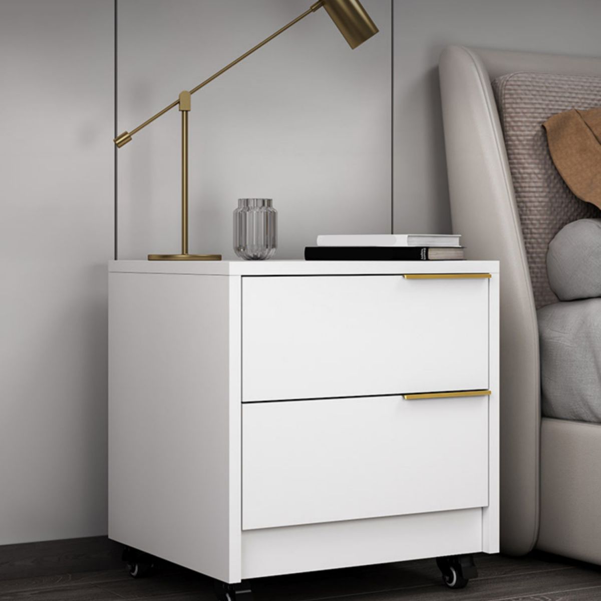 2-Drawer Wood Nightstand Contemporary Night Table with Casters