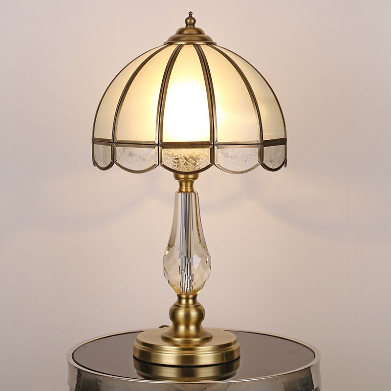 1 Bulb Night Table Lamp Vintage Scalloped Shade Beige/Frosted Glass Nightstand Light in Gold with Clear Crystal Accent