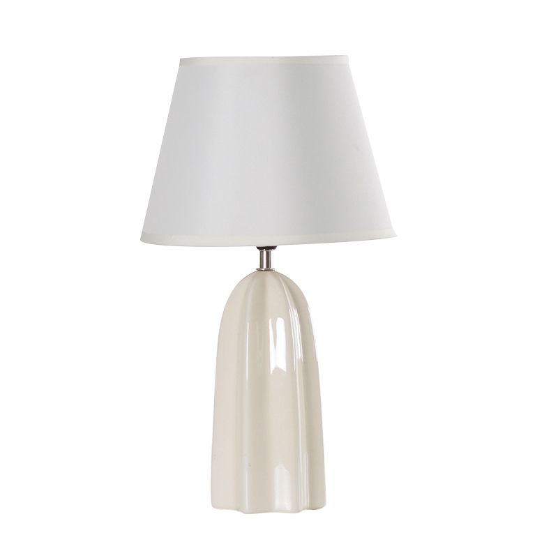 Fabric Barrel Table Light Modernist 1 Bulb White/Brown Night Lamp with Prism Ceramics Base