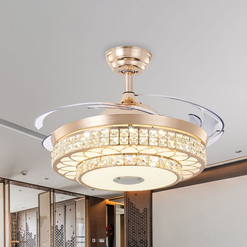 2 Tiers Parlor LED Ceiling Fan Light Modern Crystal 3 Blades Gold Semi Flush Mount, 42.5" Wide