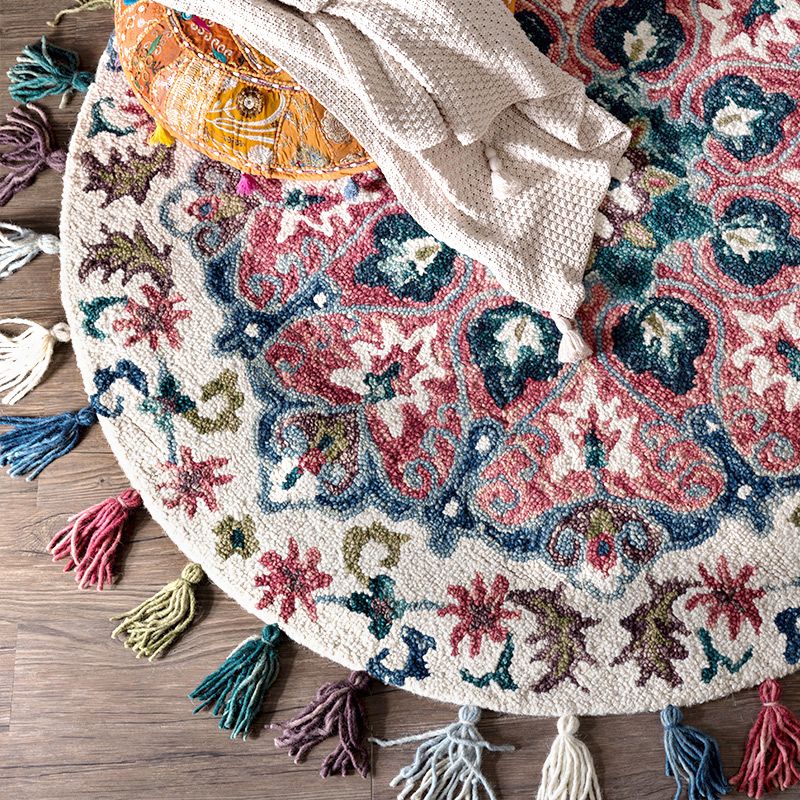 Traditional Floral Printed Rug Multi-Color Lamb Wool Area Carpet Pet Friendly Machine Washable Indoor Rug with Tassel for Room