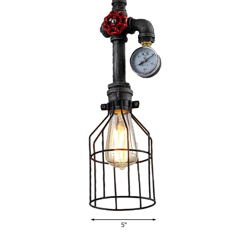 Industriedrahtschutz hängende hängende 1 Kopfeisen -Hanglampe mit Messgerät und Ventil in schwarzem Finish