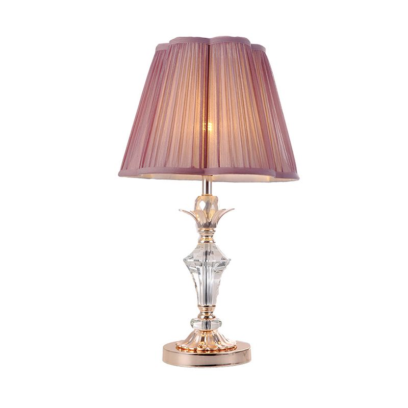 Candlestick Bedroom Desk Light Classic Clear Crystal 1-Head Pink Nightstand Lamp with Scalloped/Tapered Shade