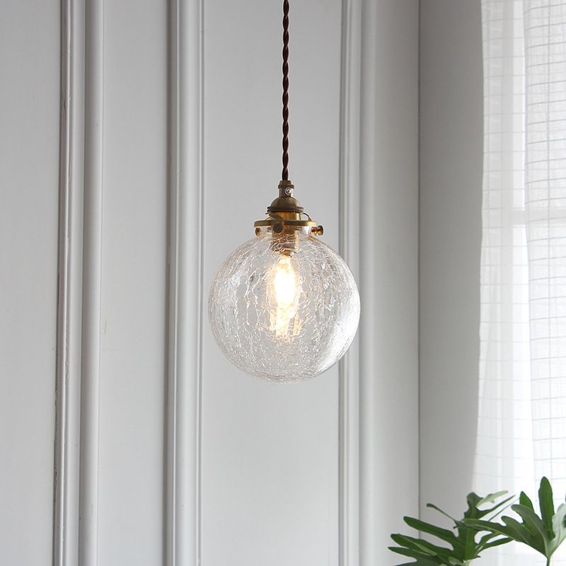 Luce a sospensione in ottone in rame in stile industriale Crackle Glass Globe Hanging Lampada per spazi interni