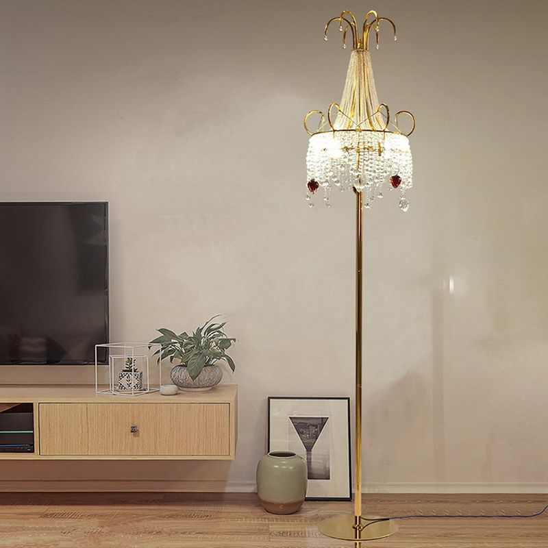 Tassel Living Room Floor Lamp Crystal 2 Bulbs Postmodern Style Standing Light with Scroll Decor in Gold