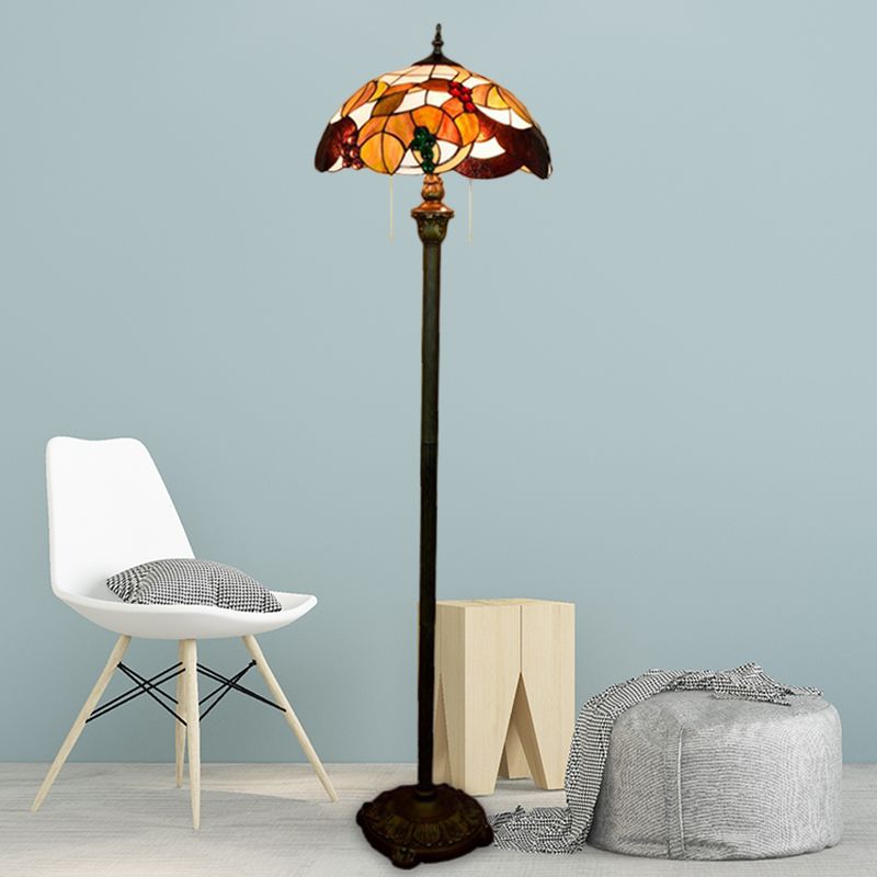 Baroque Scalloped Floor Lamp 2-Bulb Cut Glass Leaf and Grape Patterned Standing Light in Brass with Pull Chain