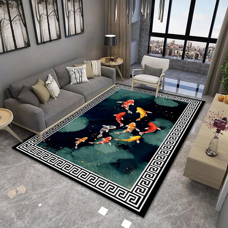 Dark Color Fish Print Rug Polyester Shabby Chic Anti-Slip Backing Indoor Rug for Living Room
