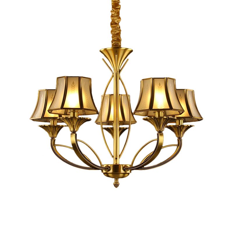 Gold Flared Chandelier Colonization Frosted White Glass 5/6/8 Heads Living Room Pendant Light with Curved Metal Arm