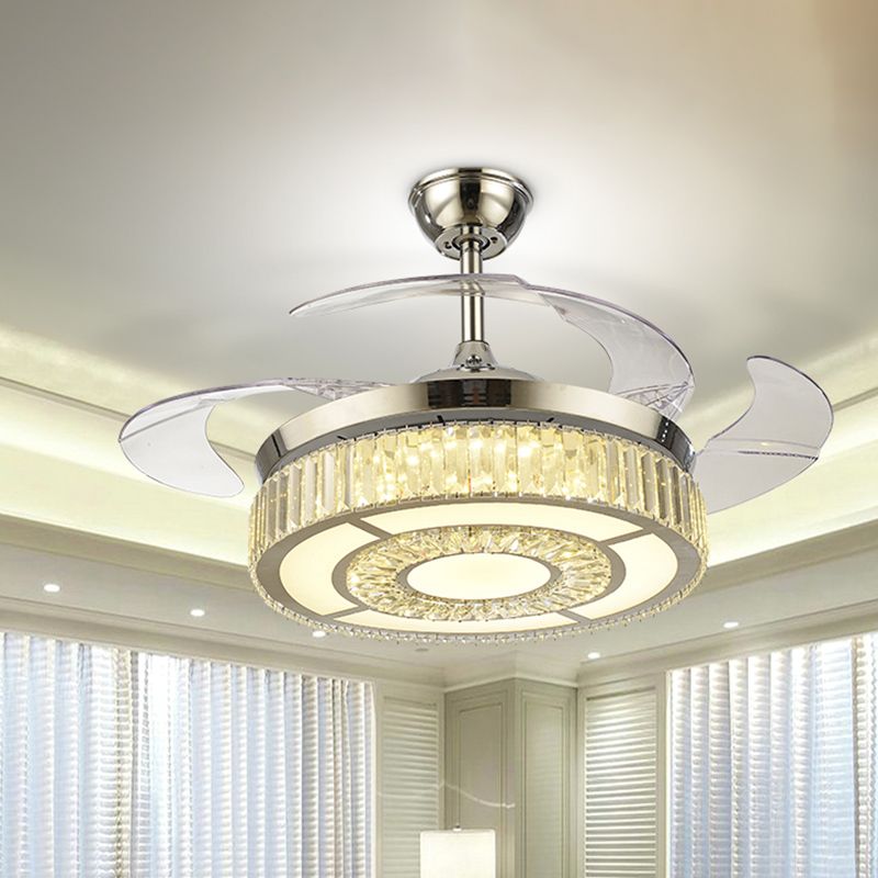 Ronde kristal spoelventilator met 4 bladen Minimalistische woonkamer 42,5 "W LED Semi Flush Light in zilver