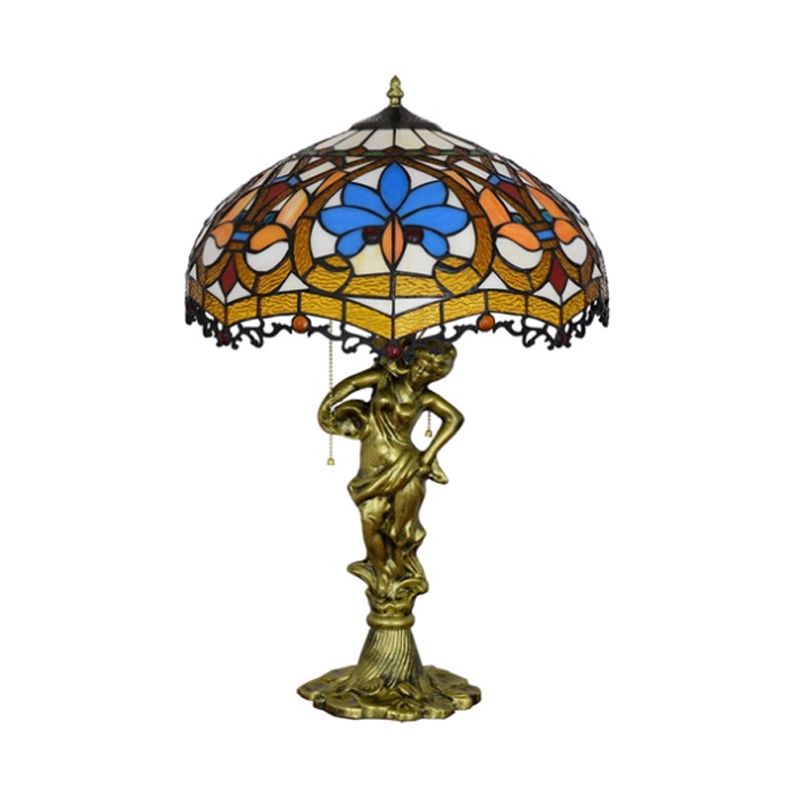 Scalloped-Trim Netting/Parrot Table Lamp Baroque Blue/White-Brown Glass 3 Lights Bronze Pull-Chain Night Light with Woman Sculpture