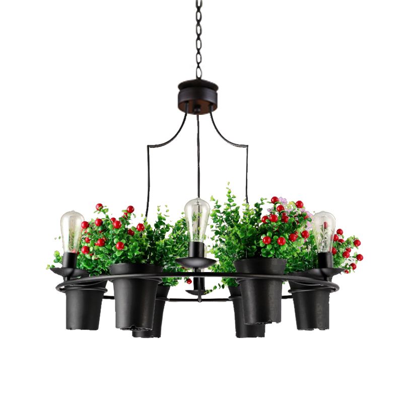 6 Lights 1/2 Tiers Chandelier Industrial Black/White Metal LED Plant Pendant Light for Restaurant