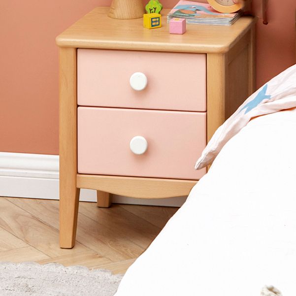 Modern Beech Kids Bedside Table Pink Nightstands with 2 Drawers