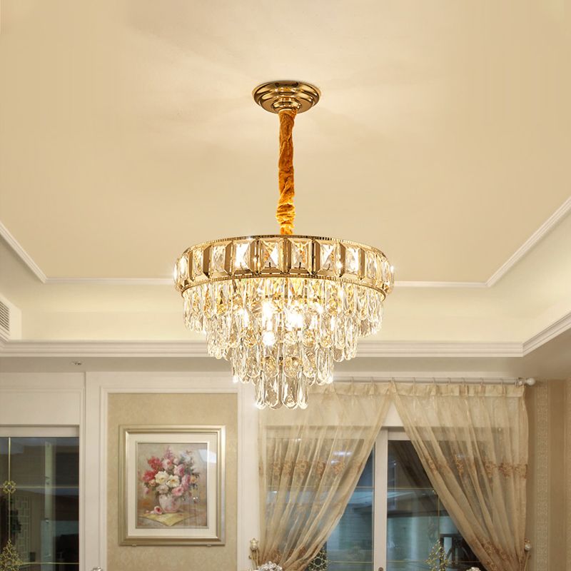 Golden Tiered Chandelier Lamp Simple 6/9-Light Crystal Hanging Light for Dining Room