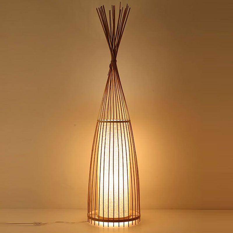 Southeast Asia Conical Stand Up Lamp Bamboo Single Living Room Floor Lighting with Cylinder Diffuser