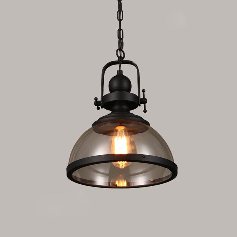 Industrial Style Pot Lid Pendant Lamp 1-Light Clear Glass Ceiling Fixture with Handle in Black