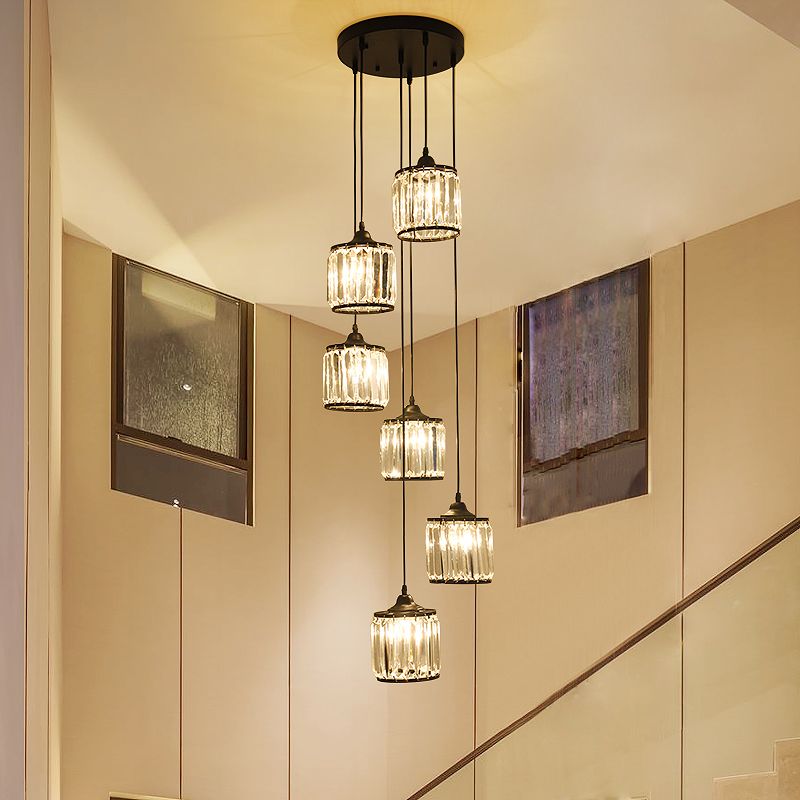 Prismatic Crystal Cylindrical Hanging Light Contemporary Cluster Pendant Light for Stairs