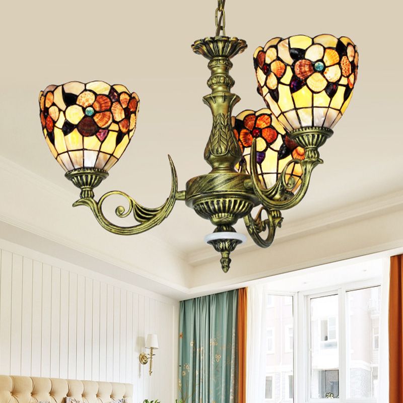 9/11 Lights Bedroom Ceiling Chandelier Tiffany Beige Flower Patterned Suspension Lamp with Bowl Shell Shade