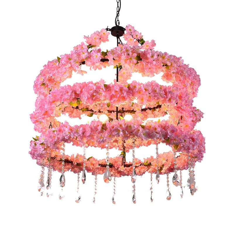 6-Bulb Cherry Wreath Chandelier Loft Style Pink Metallic Hanging Ceiling Light with Crystal Deco